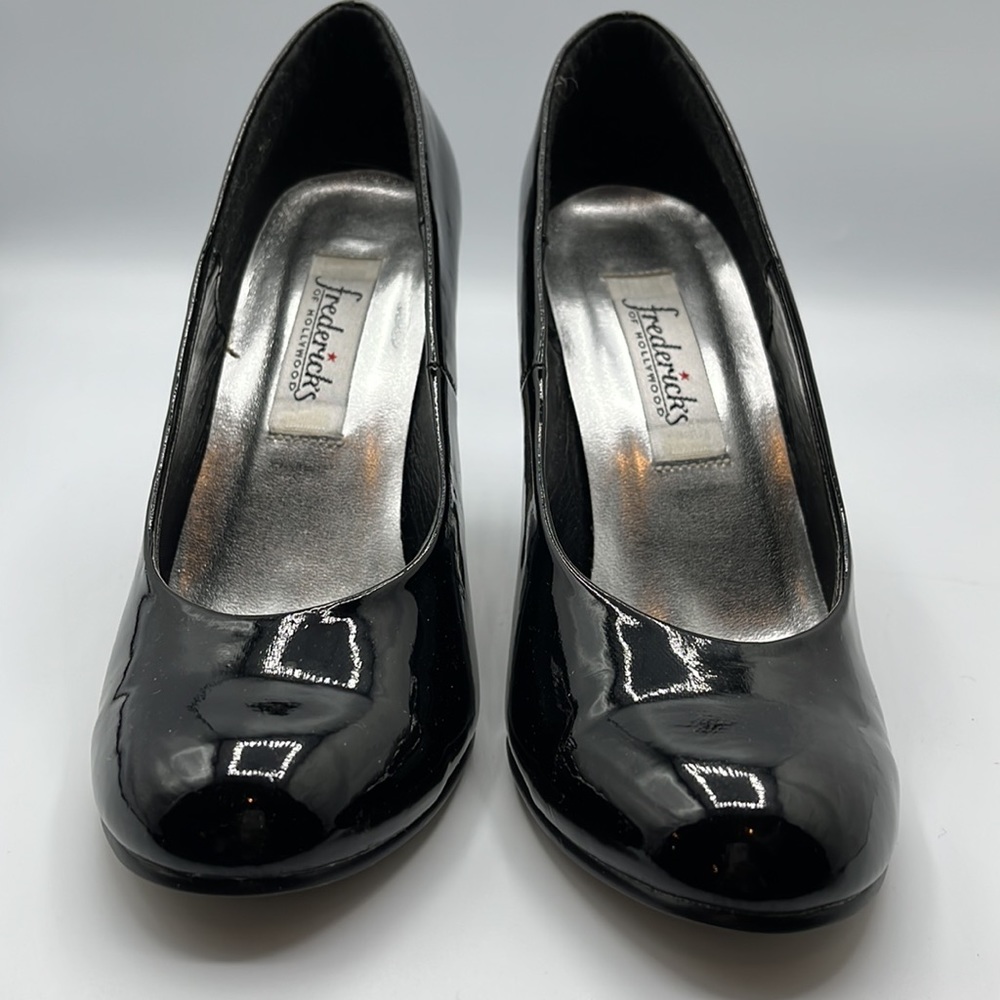 Black patent leather block heels